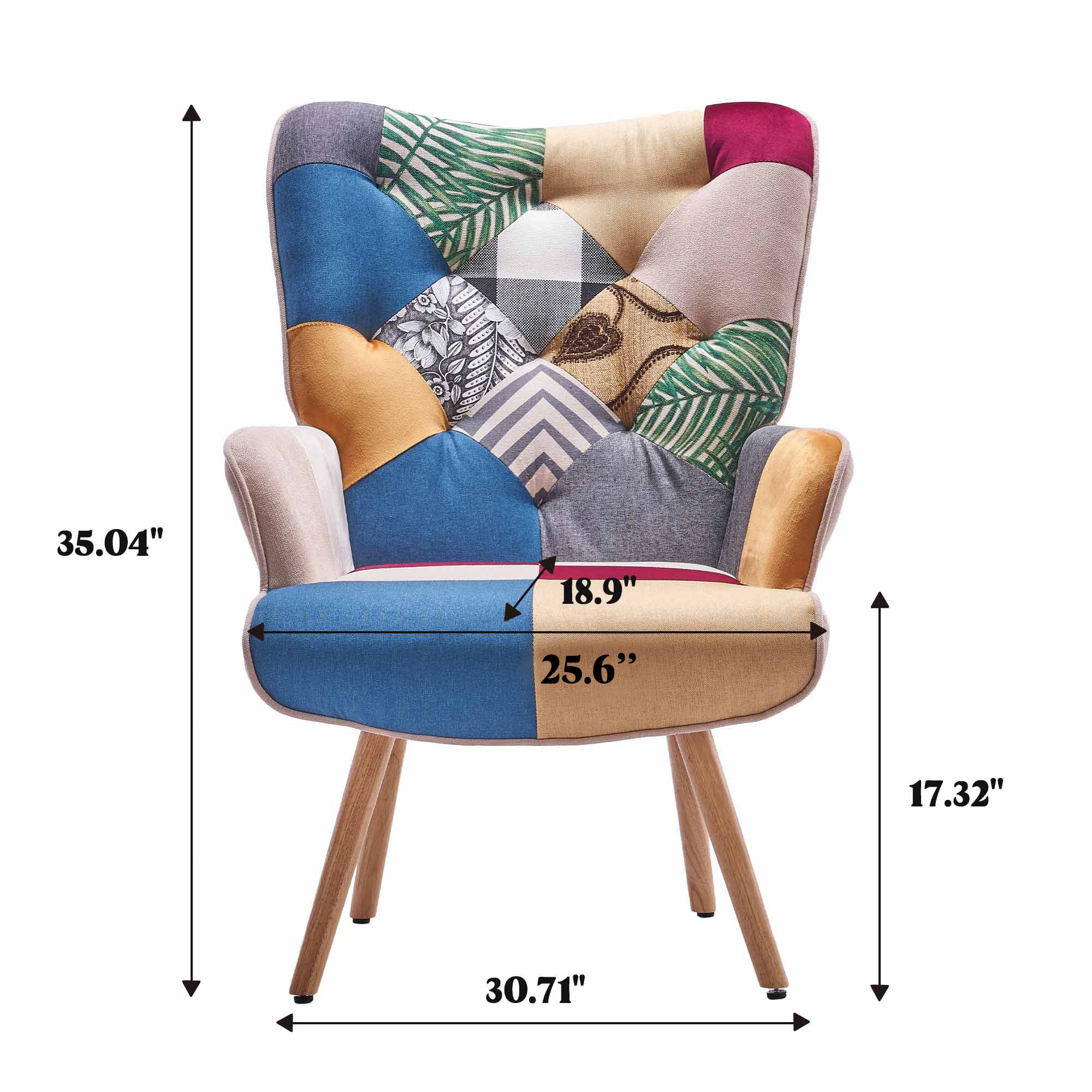 Front view of patchwork accent armchair with seat width and height measurements displayed
