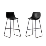 Set of 2 black counter and bar height stools with cushioned seats and metal legs, ideal for kitchen island or home bar