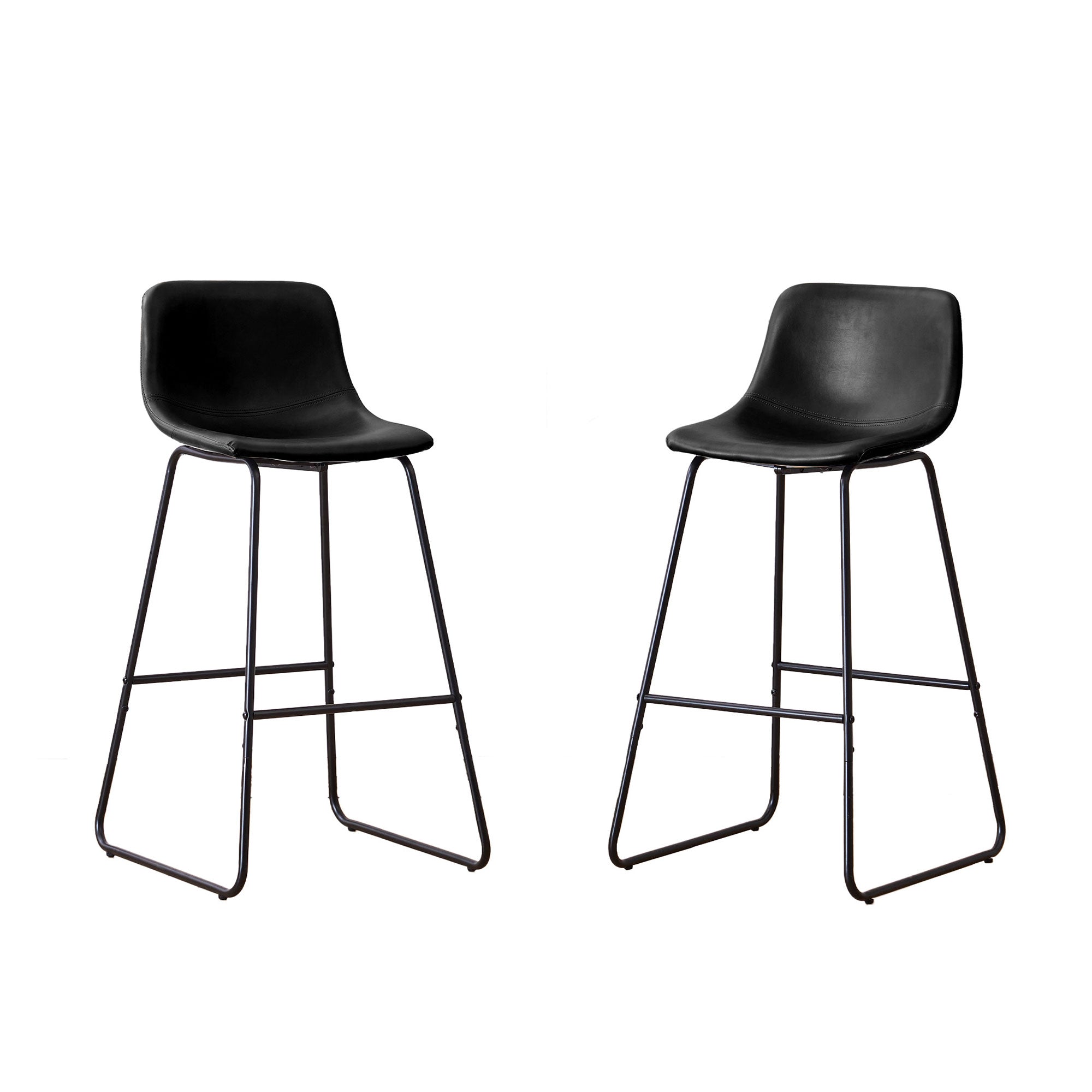 Set of 2 black counter and bar height stools with cushioned seats and metal legs, ideal for kitchen island or home bar