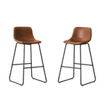 Set of 2 dark brown counter height and bar height stools with padded seats and metal legs, modern minimalist design