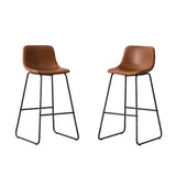 Set of 2 dark brown counter height and bar height stools with padded seats and metal legs, modern minimalist design