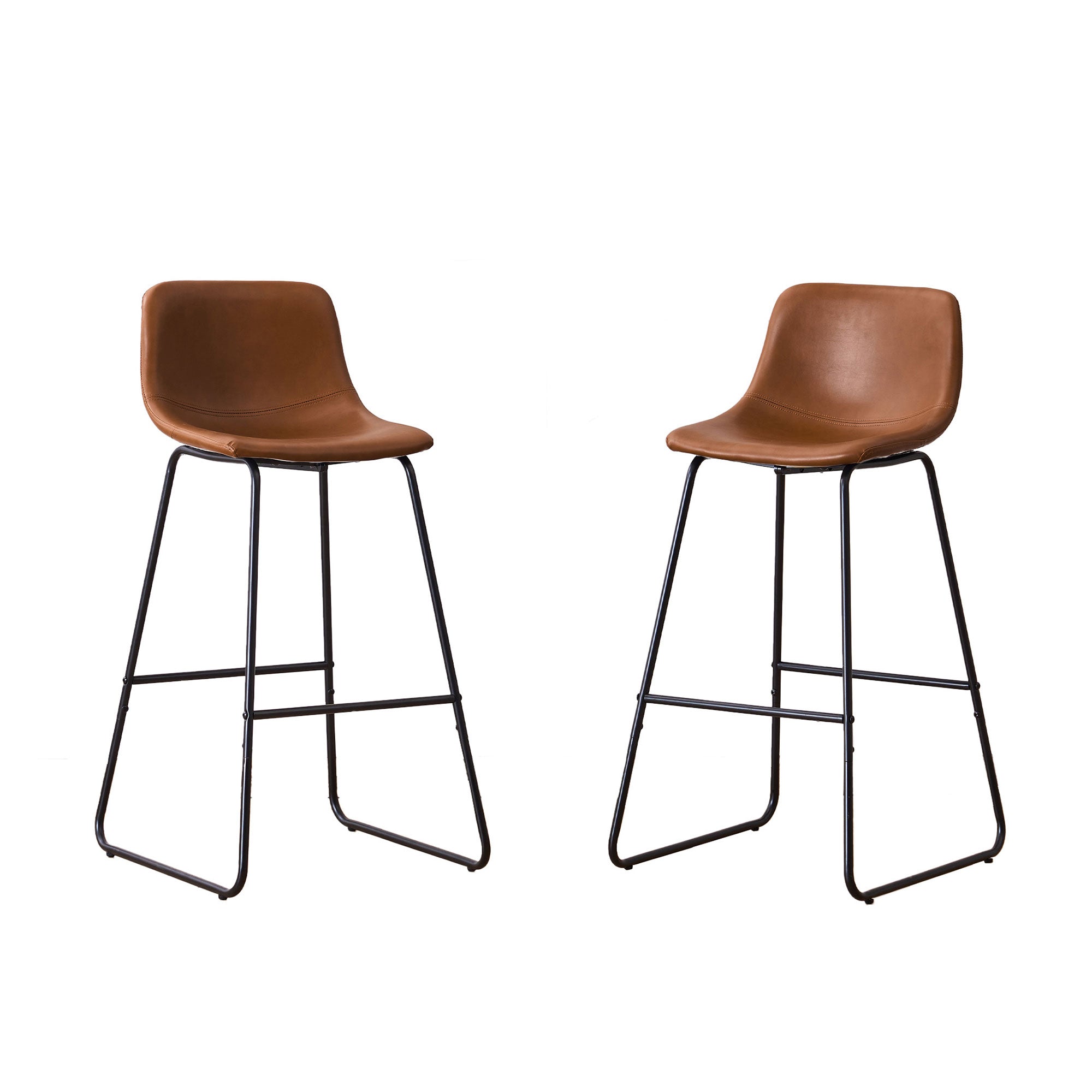 Set of 2 dark brown counter height and bar height stools with padded seats and metal legs, modern minimalist design