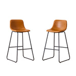 Set of 2 brown counter height and bar height stools with padded seats and metal legs, modern minimalist design