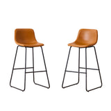 Set of 2 brown counter height and bar height stools with padded seats and metal legs, modern minimalist design