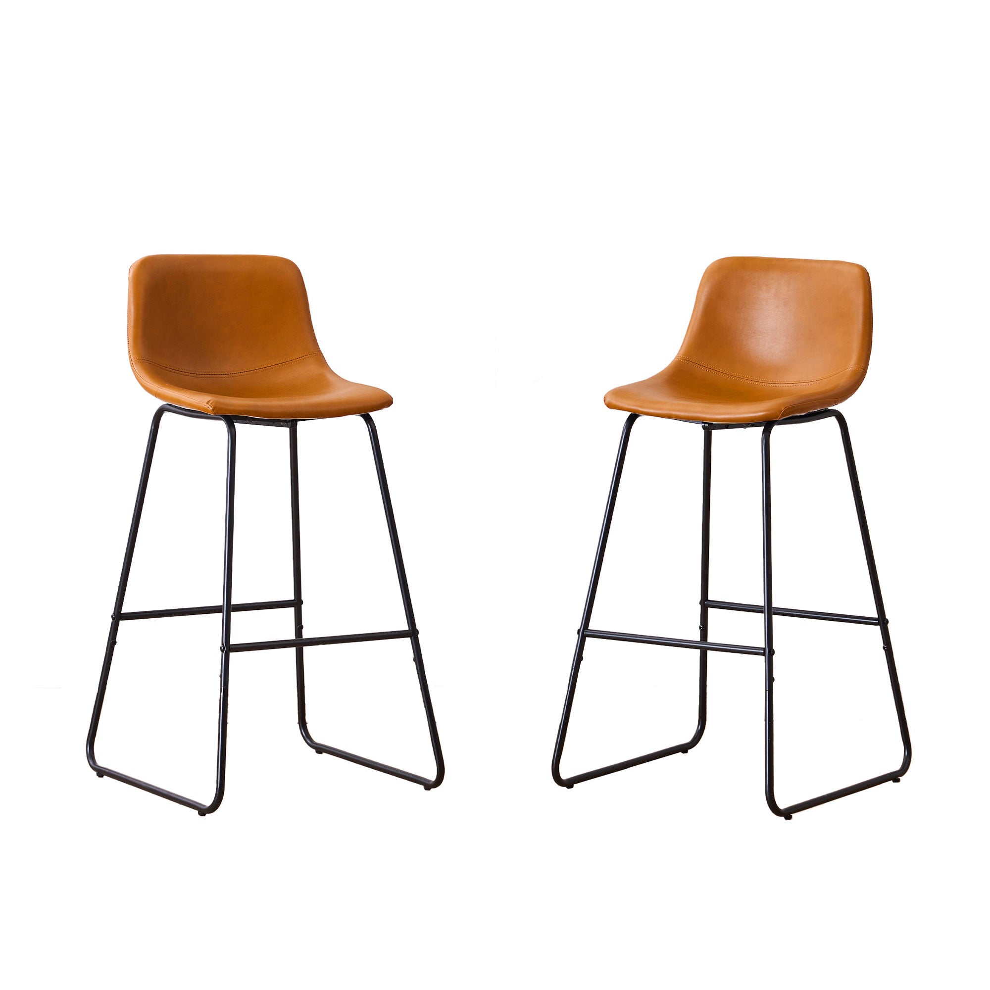 Set of 2 brown counter height and bar height stools with padded seats and metal legs, modern minimalist design