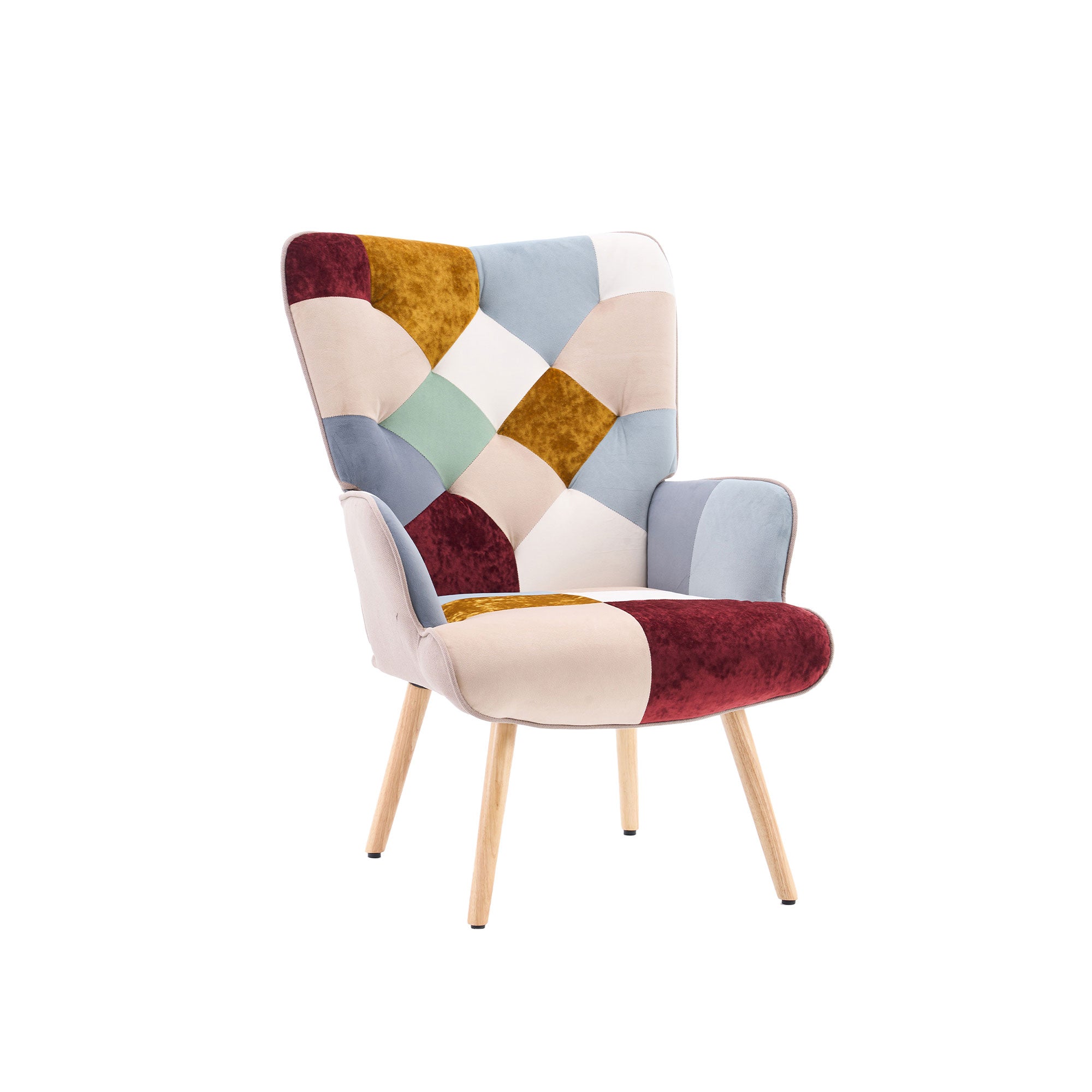 Patchwork accent armchair with multicolor jacquard upholstery, tufted back, padded armrests, and solid wood legs