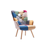 Patchwork accent armchair with colorful jacquard upholstery, tufted back, padded armrests, and solid wood legs