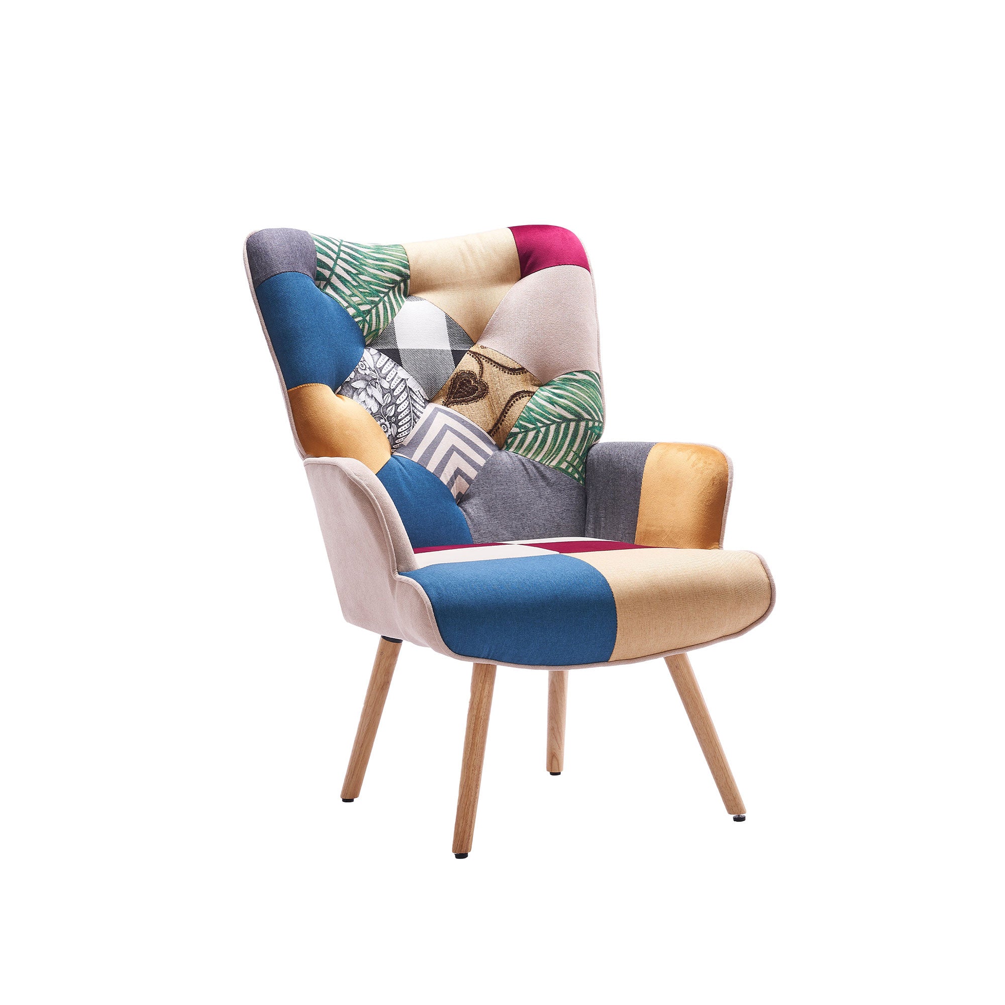 Patchwork accent armchair with colorful jacquard upholstery, tufted back, padded armrests, and solid wood legs
